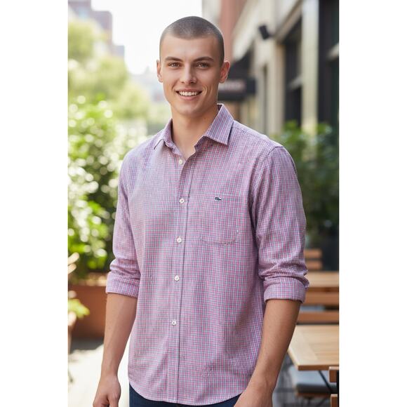 Vineyard Vines Men's Classic Fit Tucker Pink + Blue Check Shirt Size Small - Picture 1 of 5